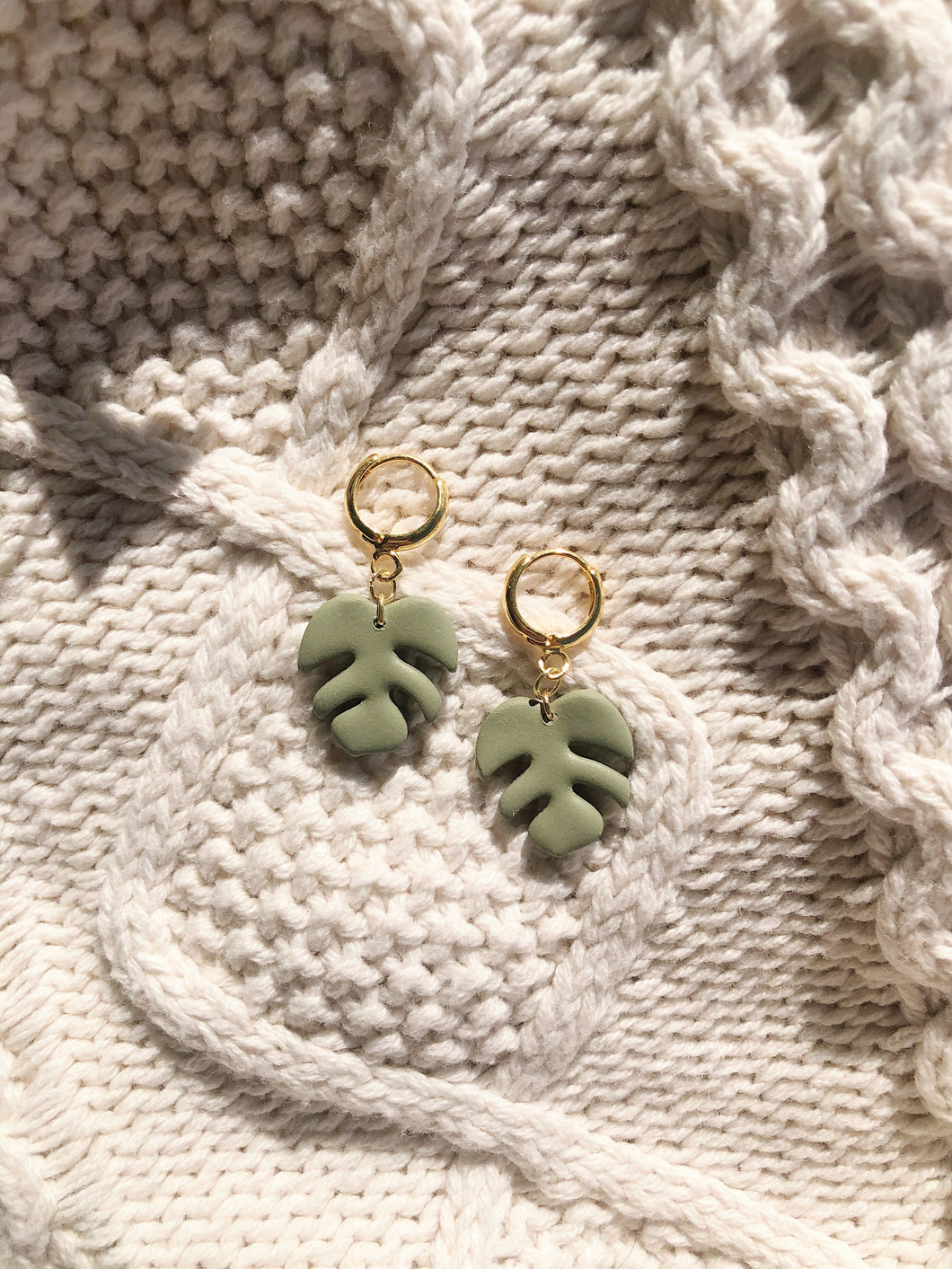 monstera dangle on huggie hoops